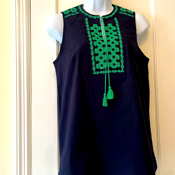 J Crew Sleeveless Embroidered Tassel Tank Top Size 0 Navy Blue Green Preppy Boho - Picture 1 of 17
